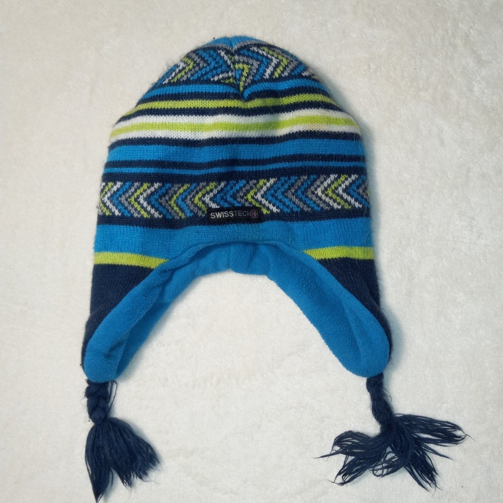 Swiss Tech Winter Toboggan Beanie Blue Green Fair Isle Ski Thinsulate Ear Flaps